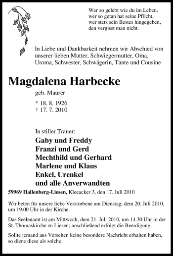 Traueranzeige von Magdalena Harbecke von Tageszeitung
