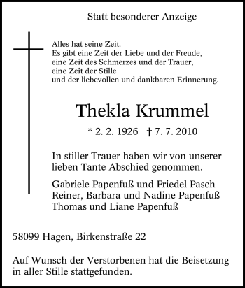 Traueranzeige von Thekla Krummel von Tageszeitung