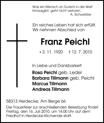 Traueranzeige von Franz Peichl von Tageszeitung