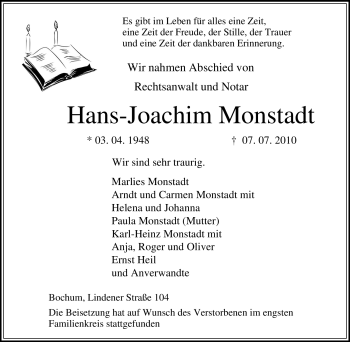 Traueranzeige von Hans-Joachim Monstadt von Tageszeitung