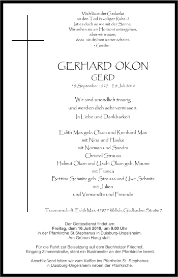 Traueranzeige von Gerhard Okon von Tageszeitung