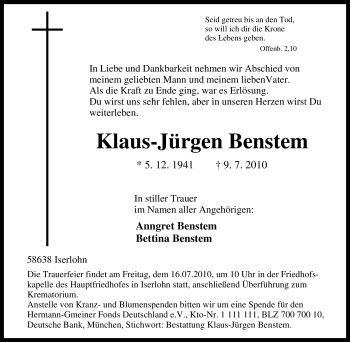 Traueranzeige von Klaus-Jürgen Benstem von Tageszeitung