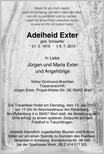 Traueranzeige von Adelheid Exter von Tageszeitung