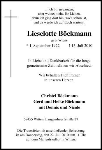 Traueranzeige von Lieselotte Böckmann von Tageszeitung