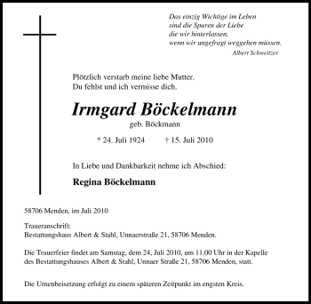 Traueranzeige von Irmgard Böckelmann von Tageszeitung