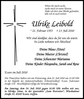 Traueranzeige von Ulrike Leibold von Tageszeitung
