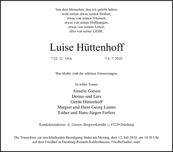 Traueranzeige von Luise Hüttenhoff von Tageszeitung