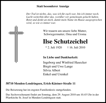 Traueranzeige von Ilse Schutzeichel von Tageszeitung