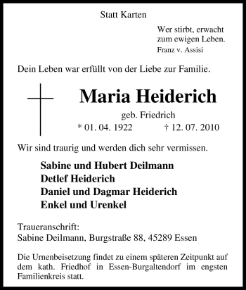 Traueranzeige von Maria Heiderich von Tageszeitung