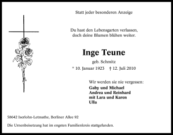 Traueranzeige von Inge Teune von Tageszeitung
