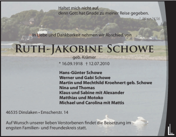 Traueranzeige von Ruth-Jakobine Schowe von Tageszeitung