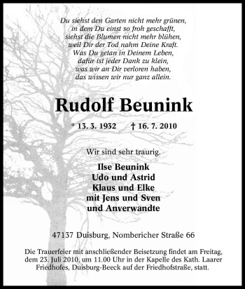 Traueranzeige von Rudolf Beunink von Tageszeitung