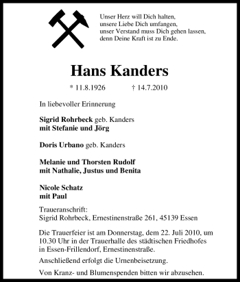 Traueranzeige von Hans Kanders von Tageszeitung