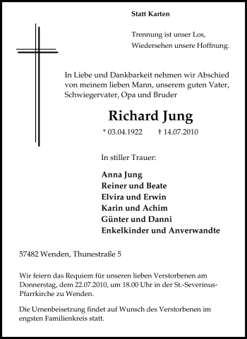 Traueranzeige von Richard Jung von Tageszeitung