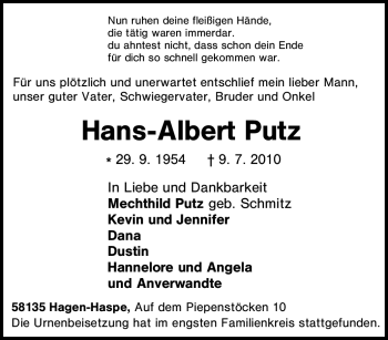 Traueranzeige von Hans-Albert Putz von Tageszeitung