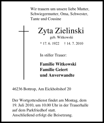 Traueranzeige von Zyta Zielinski von Tageszeitung