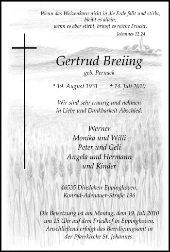 Traueranzeige von Gertrud Breiing von Tageszeitung