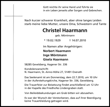 Traueranzeige von Christel Haarmann von Tageszeitung