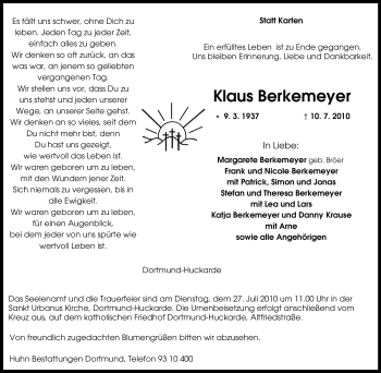 Traueranzeige von Klaus Berkemeyer von Tageszeitung