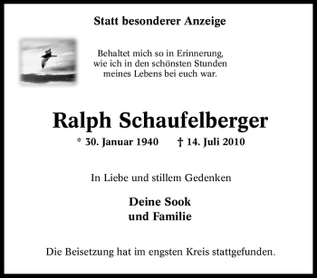 Traueranzeige von Ralph Schaufelberger von Tageszeitung