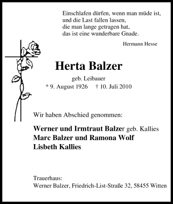 Traueranzeige von Herta Balzer von Tageszeitung