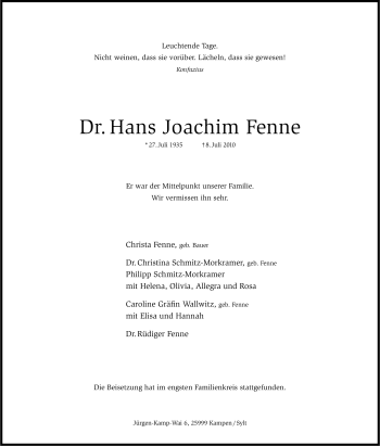 Traueranzeige von Hans Joachim Fenne von Tageszeitung