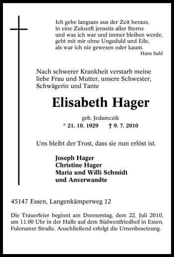 Traueranzeige von Elisabeth Hager von Tageszeitung