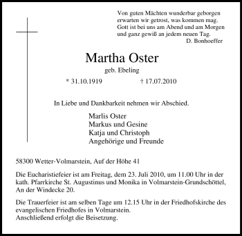 Traueranzeige von Martha Oster von Tageszeitung