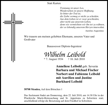 Traueranzeige von Wilhelm Leibold von Tageszeitung