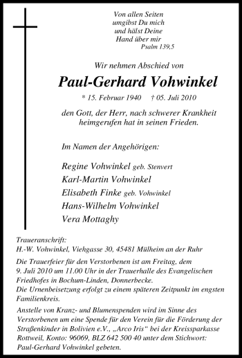 Traueranzeige von Paul-Gerhard Vohwinkel von Tageszeitung