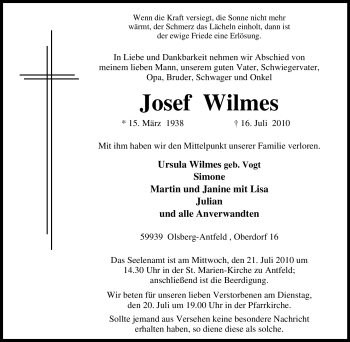 Traueranzeige von Josef Wilmes von Tageszeitung