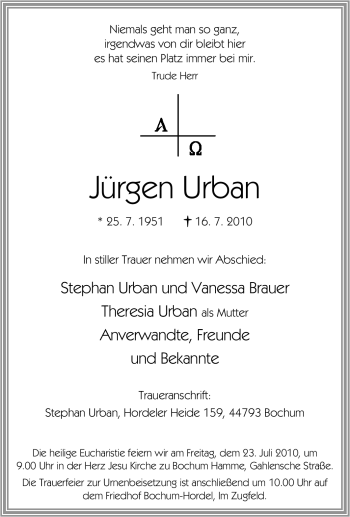 Traueranzeige von Jürgen Urban von Tageszeitung