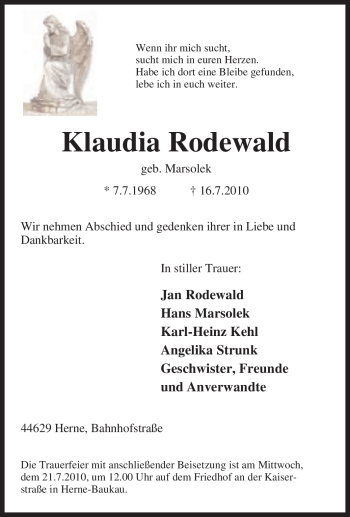 Traueranzeige von Klaudia Rodewald von Tageszeitung
