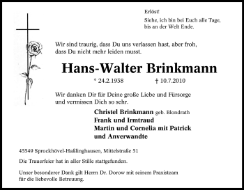 Traueranzeige von Hans-Walter Brinkmann von Tageszeitung
