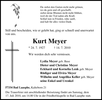 Traueranzeige von Kurt Meyer von Tageszeitung