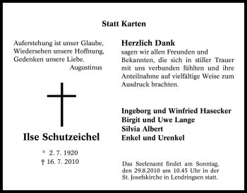 Traueranzeige von Ilse Schutzeichel von Tageszeitung