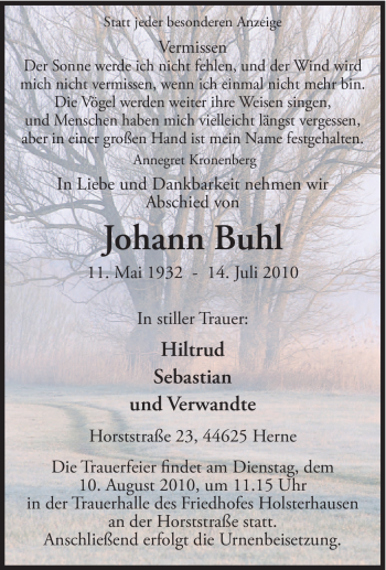 Traueranzeige von Johann Buhl von Tageszeitung