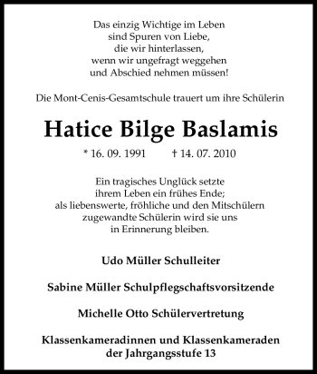 Traueranzeige von Hatice Bilge Baslamis von Tageszeitung