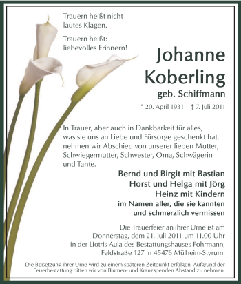 Traueranzeige von Johanne Koberling von Tageszeitung