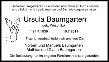 Traueranzeige von Ursula Baumgarten von Tageszeitung