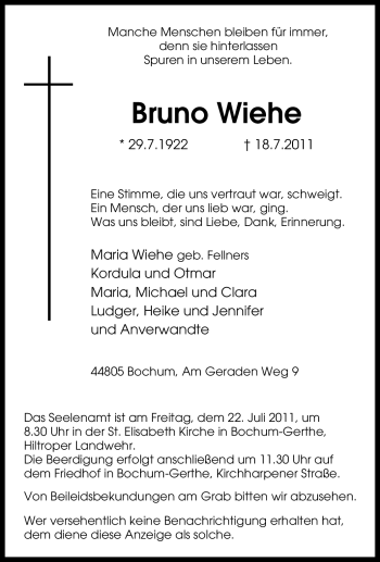 Traueranzeige von Bruno Wiehe von Tageszeitung