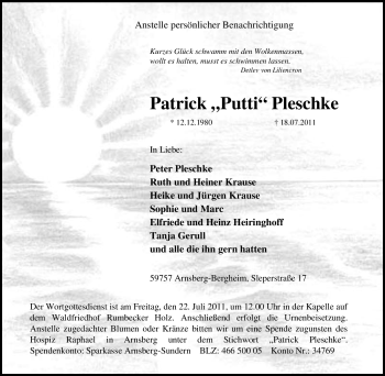 Traueranzeige von Patrick Pleschke von Tageszeitung