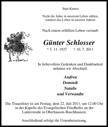 Traueranzeige von Günter Schlosser von Tageszeitung