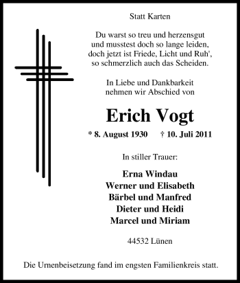 Traueranzeige von Erich Vogt von Tageszeitung