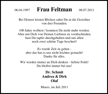 Traueranzeige von Frau Feltman von Tageszeitung