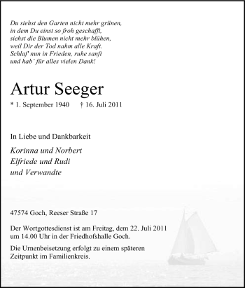 Traueranzeige von Artur Seeger von Tageszeitung