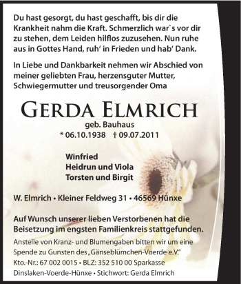 Traueranzeige von Gerda Elmrich von Tageszeitung