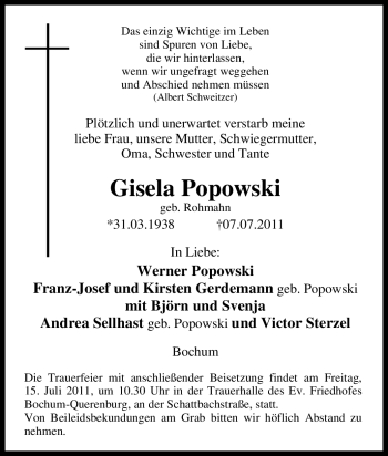 Traueranzeige von Gisela Popowski von Tageszeitung
