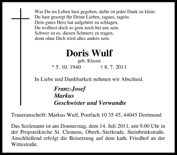 Traueranzeige von Doris Wulf von Tageszeitung