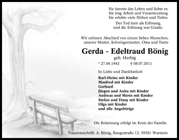 Traueranzeige von Gerda - Edeltraud Bönig von Tageszeitung
